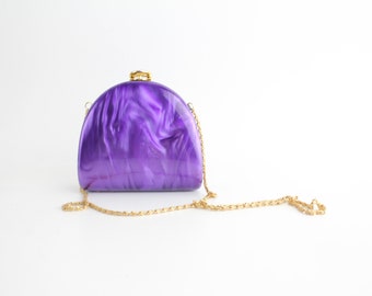 Major Arc Minaudière | Vintage 1980s Purple Iridescent Box Evening Bag | Chain Link Strap Shoulder Bag