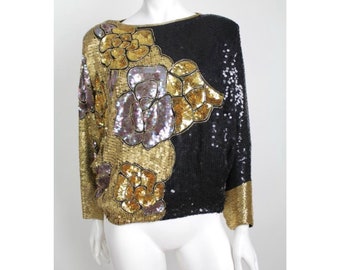 Vintage 1970s Silk Blouse | Heavily Beaded and Sequinned Dolman Sleeve Blouse | Draped Beaded Silk and Sequins Top | S