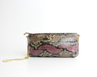 1970s Vintage Snakeskin Evening Bag | Python Print Exotic Purse with Gold Chain Strap | Rectangular Snake Leather Clutch Bag