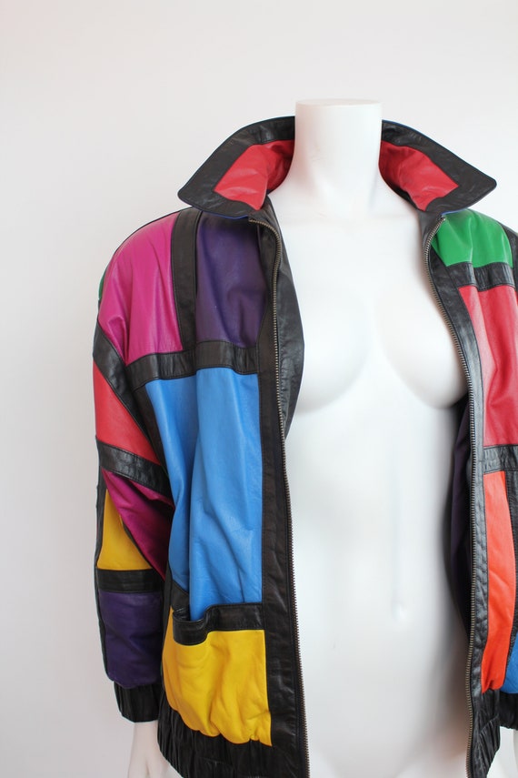 In Living Color Vintage Multicolor Leather Jacket Colorblock Er Mondrian Coat Women S M L Men