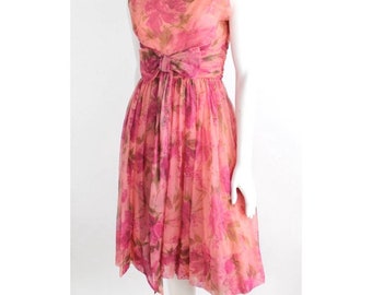 Vintage 1950s Fit and Flare Dress | Ruched Waist Garden Dress | Nylon Chiffon Floral Print Dress | XXS