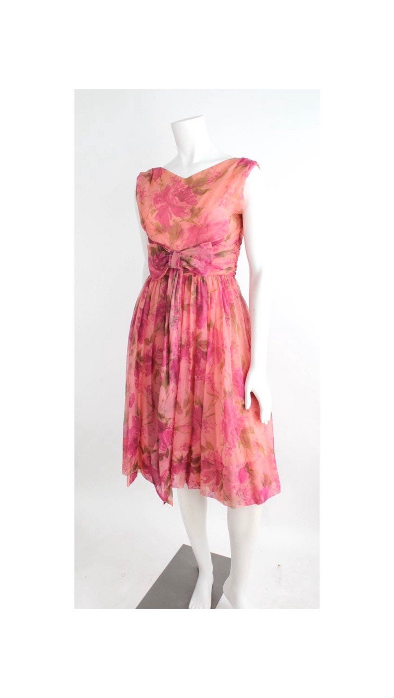 Vintage 1950s Fit and Flare Dress Ruched Waist Garden Dress Nylon Chiffon Floral Print Dress XXS image 1
