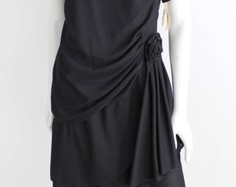 Vintage Tulip Hem Party Dress | Draped Knee Length Dress | Little Black Dress | M