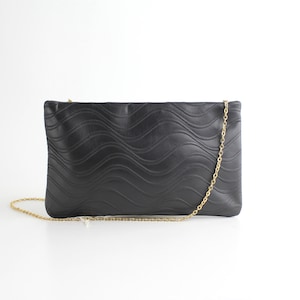 Never Used 1970s Etra Textured Leather Bag | Evening Black and Gold Purse | Vintage Minimal Leather Clutch Bag | Chain Link Shoulder Bag