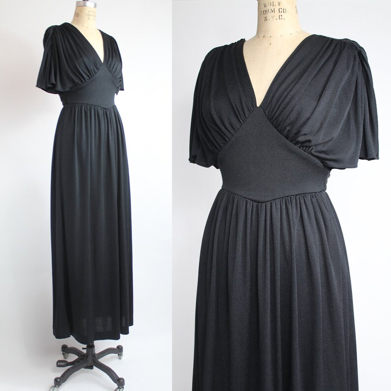 Vintage 1970s Nylon Jersey Dress Plunging V-neck Maxi Dress The Lysistrata Draped Flutter Sleeve Long Dress xxs xs image 7