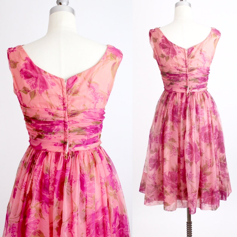 Vintage 1950s Fit and Flare Dress Ruched Waist Garden Dress Nylon Chiffon Floral Print Dress XXS image 8