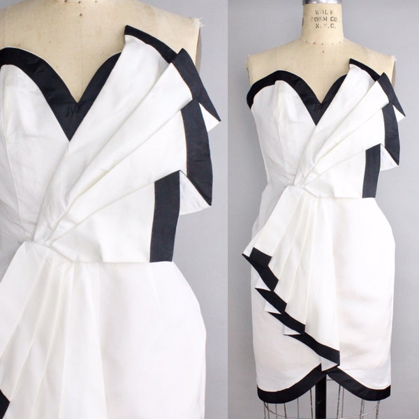 Vintage Origami Dress | Black and White Party Dress | Sweetheart Neckline Mini Dress | xxs