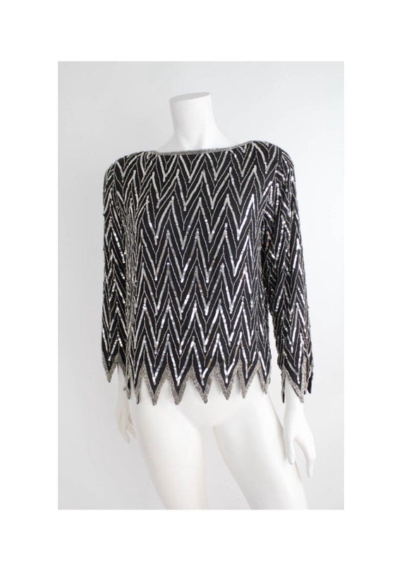 Vintage 1970s Silk Sequin Blouse | Zigzag Hem Silk