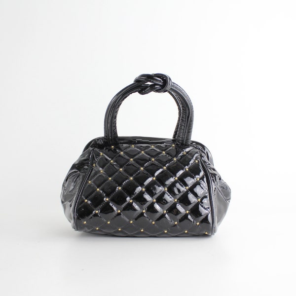 Vintage 1980s Quilted Black Patent Leather Handbag | Studded Black Leather Purse | Puffy Top Handle Bag