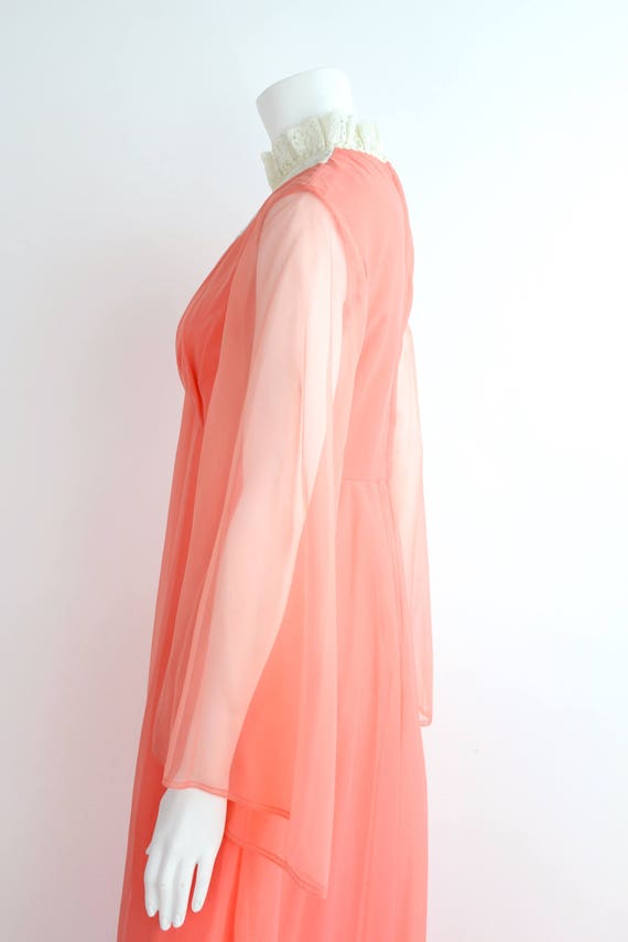 Vintage 60s-70s Coral Nylon Dress | Lace Bib Maxi… - image 6