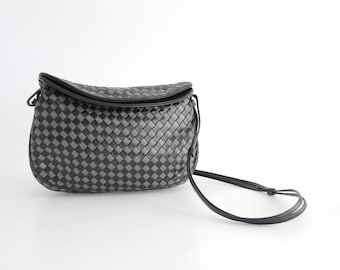 Vintage Intrecciato Leather Purse | Black and Gray Woven Leather Shoulder Bag | Two Tone Leather Handbag
