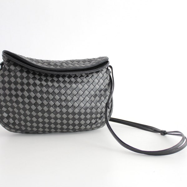 Vintage Intrecciato Leather Purse | Black and Gray Woven Leather Shoulder Bag | Two Tone Leather Handbag