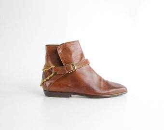 sz 6 Joan & David Vintage Ankle Boots | Buckled and Chained Brown Leather Ankle Boots | Handmade in Italy