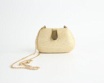 Vintage 1980s Minaudière | Structured Woven Straw Box Clutch Bag | Small Straw Gold Chain Link Shoulder Bag