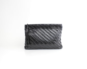 Vintage Intrecciato Leather Clutch Bag | Black Patent Woven Leather Bag | Large Leather Clutch