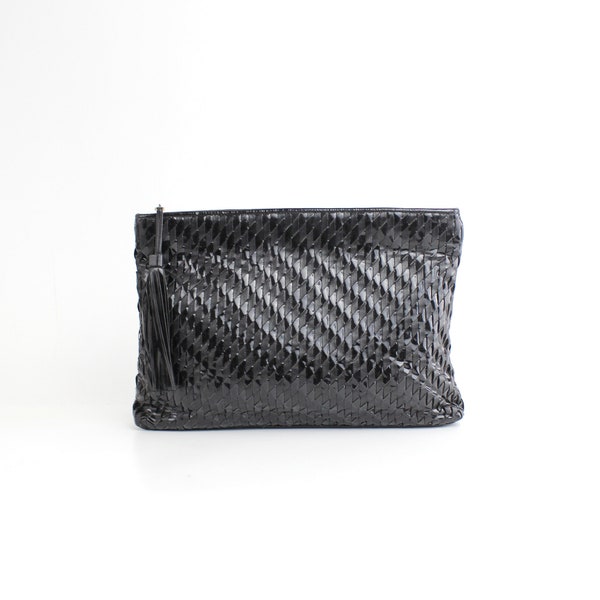 Vintage Intrecciato Leather Clutch Bag | Black Patent Woven Leather Bag | Large Leather Clutch