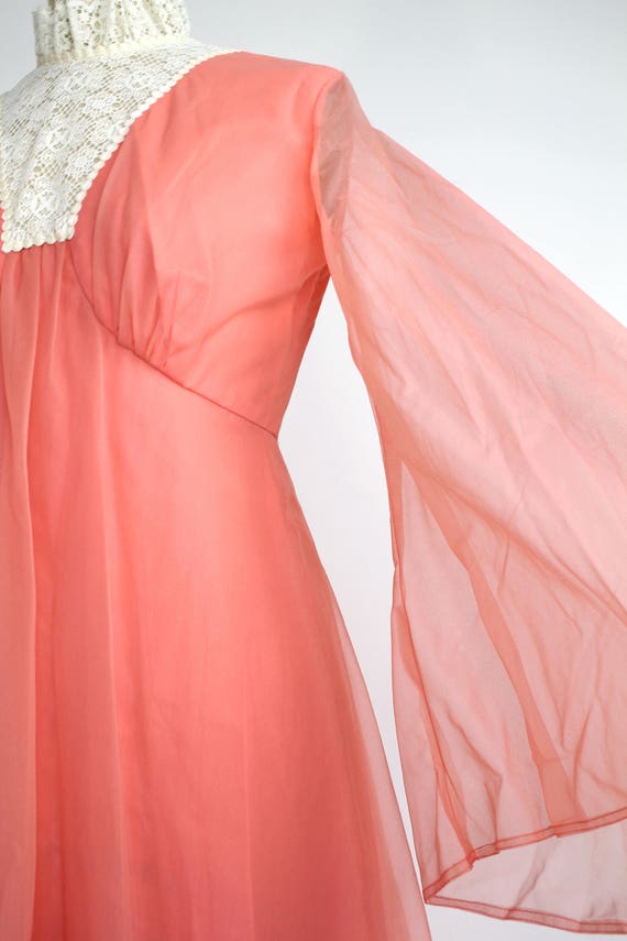 Vintage 60s-70s Coral Nylon Dress | Lace Bib Maxi… - image 4