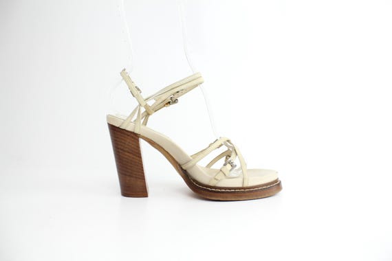 Ann Demeulemeester, sz 6 Ann Demeulemeester Early 2000s Leather Platform Sandals | Neutral Crisscross Leather Strap Stacked Heel Shoes | Made in Italy | 36 EU