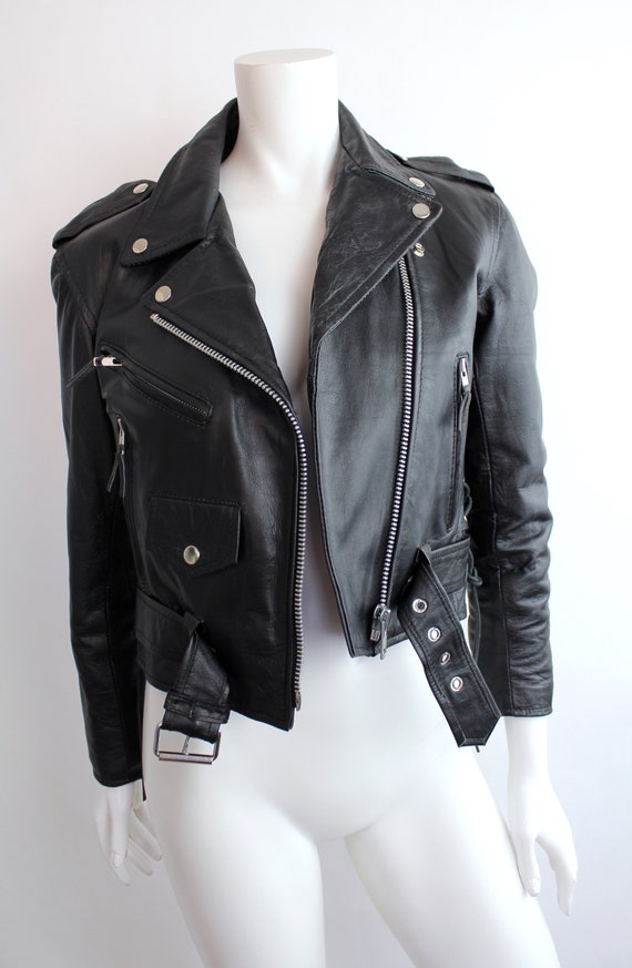 Vintage 1980s Black Leather Jacket | Cropped Leat… - image 4