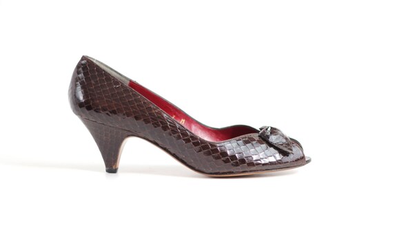 Sz 7 Vintage 80s Evan Picone Leather Pumps Peeptoe Bow Court Shoes