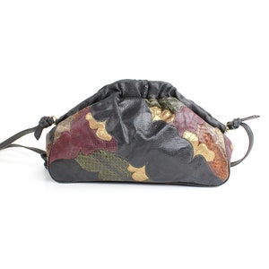 Bolso vintage de piel de serpiente y patchwork de cuero de los años 70 / Bolso de hombro de cuero multicolor Carlo Fiori /