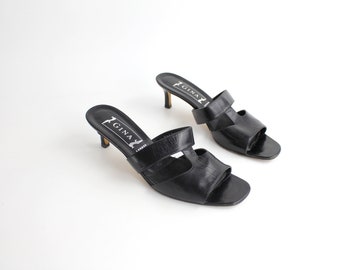 sz 9.5 Vintage Gina London Leather Sandals | Black Leather Cutout Heels | Made in England | Minimal Open Toe Shoes | 41