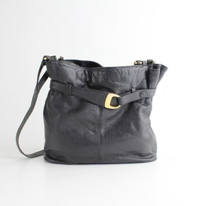 Vintage 1980s Leather Purse Belted Cinch Top Shoulder Bag Supple Black Leather Bag image 1