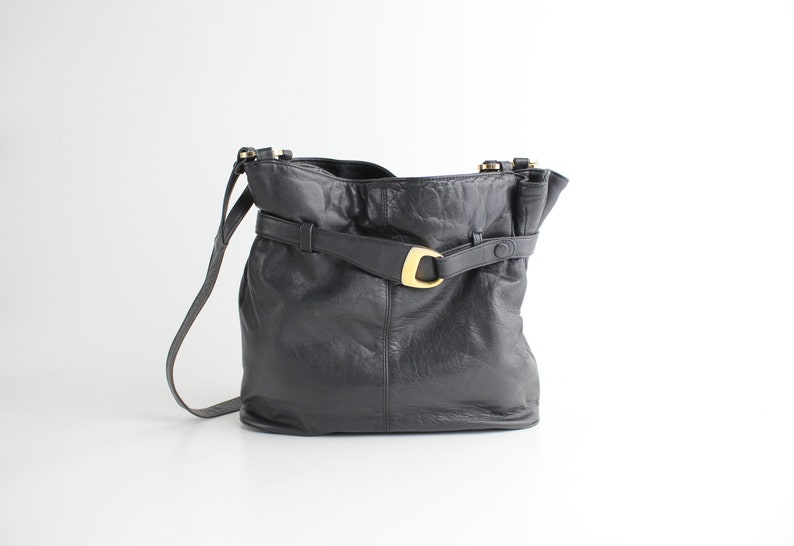 Vintage 1980s Leather Purse Belted Cinch Top Shoulder Bag Supple Black Leather Bag image 1