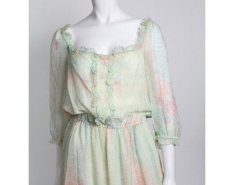 Vintage 1970s Silk Chiffon Dress | Gentillesse Floral Print Silk Summer Dress | M