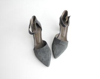 sz 6.5 to 7 Minimal d'Orsay Heels with Ankle Strap | Y2K Coclico Charcoal Nubuck Leather Shoes | Made in Spain | Angular Pumps | 37