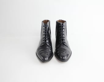 size 8 Vintage Charles Jourdan Lace Up Leather Boots | Almond Toe Leather Boots | Black Smooth Leather Oxford Lace Up Ankle Boots | 38.5