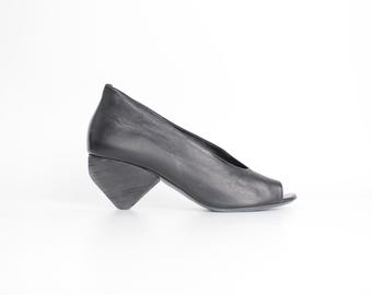 sz 10 to 10.5 Marsèll Black Leather Shoes | Cone Heel Asymmetrical Minimal Pumps | Open Toe Angular High Heels | Made in Italy | 41
