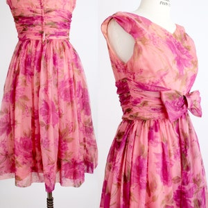 Vintage 1950s Fit and Flare Dress Ruched Waist Garden Dress Nylon Chiffon Floral Print Dress XXS image 7