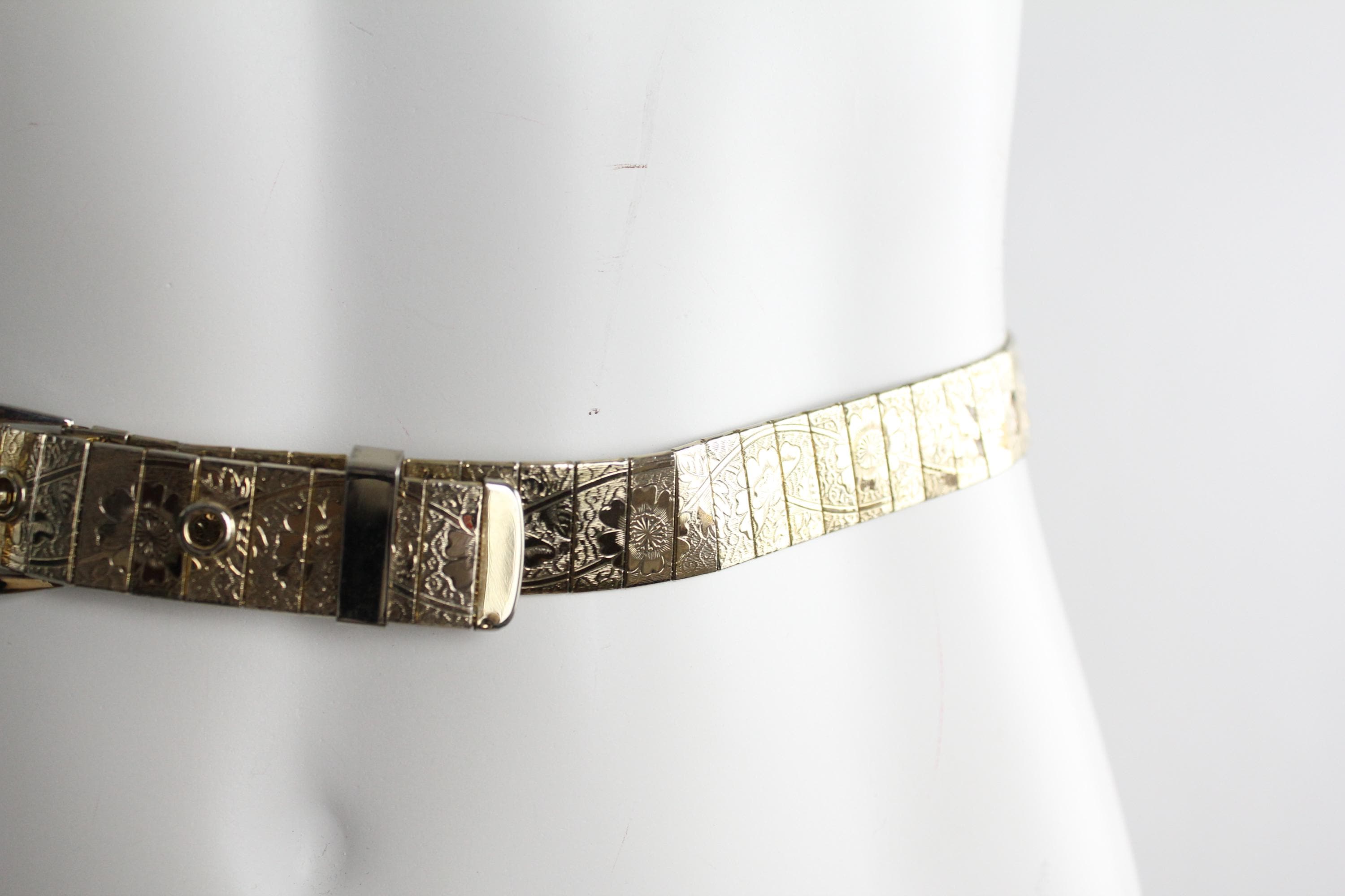 Elegant Etched Gold Metal Belt size 30 Golden Western Antique Gold Floral Engraved Buckle Genuine  main image 2
