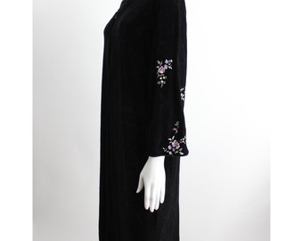 Vintage Oscar de la Renta Black Velvet Dress | Pink Label Embroidered Loungewear | L