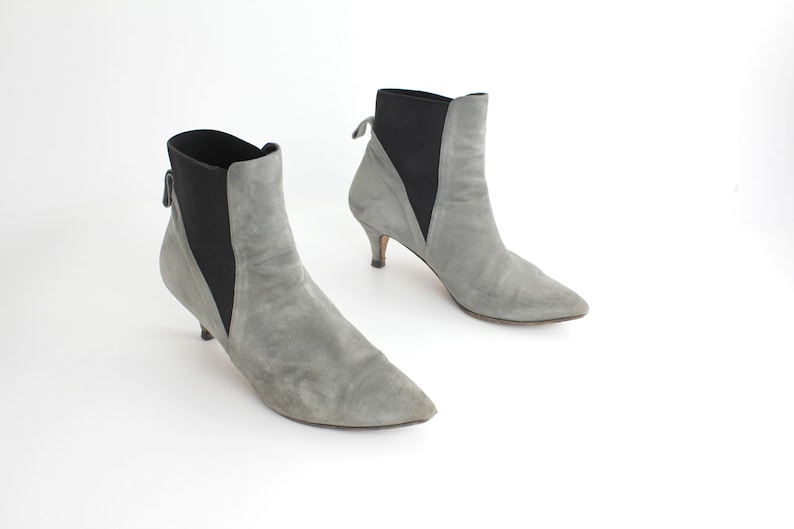 Italian Leather Gored Ankle Boots AS-IS 37.5 size 7 Minimal Nubuck Leather Booties Vintage Gray Leather Ankle Boots