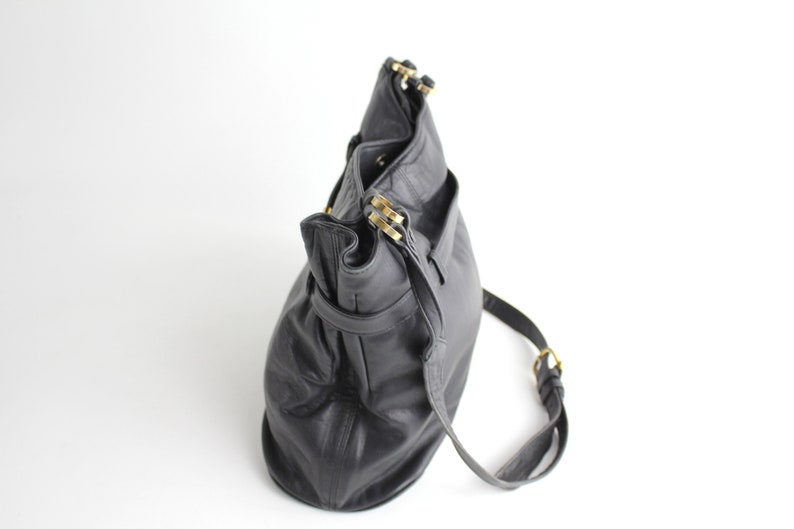Vintage 1980s Leather Purse Belted Cinch Top Shoulder Bag Supple Black Leather Bag image 6