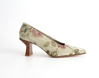 size 5.5 Mint Condition Vintage 1990s Pumps | Rose Print Square Toe Shoes | Shaped Heel High Heel Shoes | Made in Spain | 36