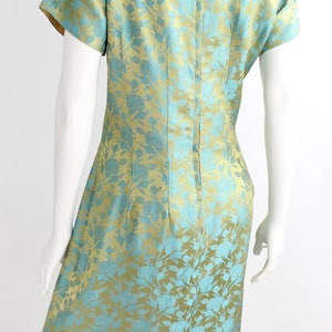 1960s Curved Dart Hourglass Dress Vintage Sateen Damask Sheath Floral Cocktail Dress L image 7