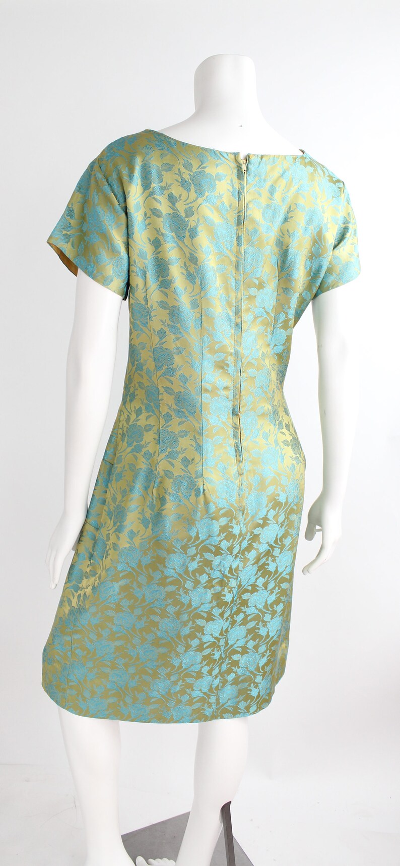 1960s Curved Dart Hourglass Dress Vintage Sateen Damask Sheath Floral Cocktail Dress L image 7