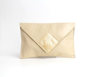Vintage 1970s Leather and Snakeskin Envelope Clutch Bag | Neutral Cowhide Leather Bag