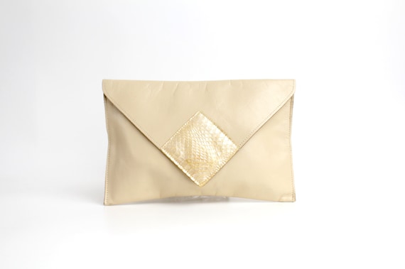 Vintage 1970s Leather and Snakeskin Envelope Clutc