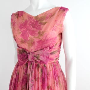 Vintage 1950s Fit and Flare Dress Ruched Waist Garden Dress Nylon Chiffon Floral Print Dress XXS image 2