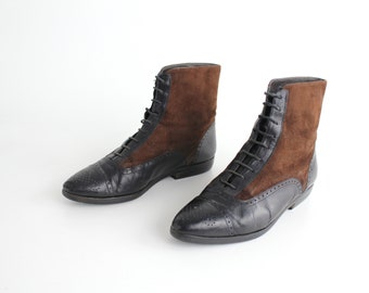 sz 7 - 7.5 Vintage Two Tone Lace Up Ankle Boots | Almond Toe Oxford Leather Boots | Made in Italy