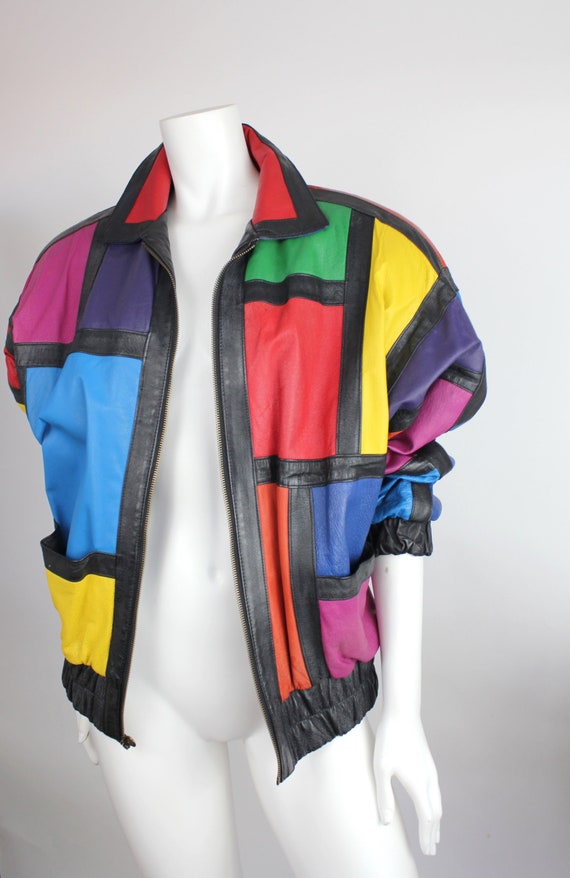 In Living Color 2 Vintage Multicolor Leather Jacket Colorblock Er Mondrian Coat Women S Xl Men M