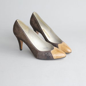 sz 6 Vintage Maserati Two Tone Shoes Snakeskin Leather Pumps Colorblock High Heels Mint Condition 36 image 4