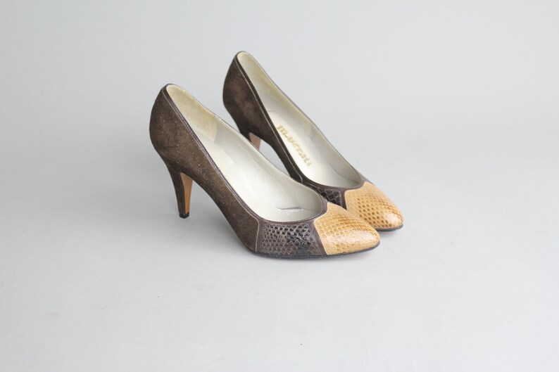 sz 6 Vintage Maserati Two Tone Shoes Snakeskin Leather Pumps Colorblock High Heels Mint Condition 36 image 4