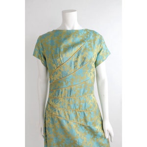 1960s Curved Dart Hourglass Dress Vintage Sateen Damask Sheath Floral Cocktail Dress L image 1