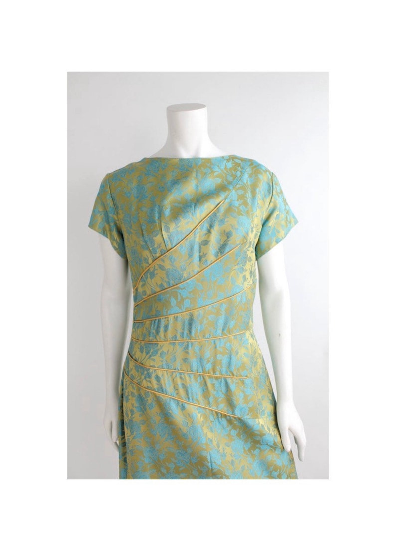 1960s Curved Dart Hourglass Dress Vintage Sateen Damask Sheath Floral Cocktail Dress L image 1