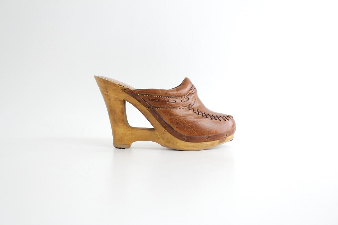 Sz Vintage 1970s Leather Platform Shoes Whipstitch Leather